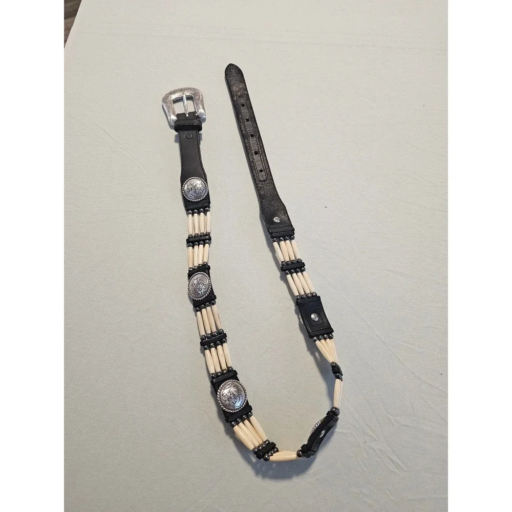 Western Leather Bone Hairpipe Concho Belt Black Silver Size 32 7153L